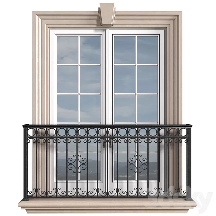 Classical front window with a French balcony.Classical Forged Fence. frame window 3D Model Free Download