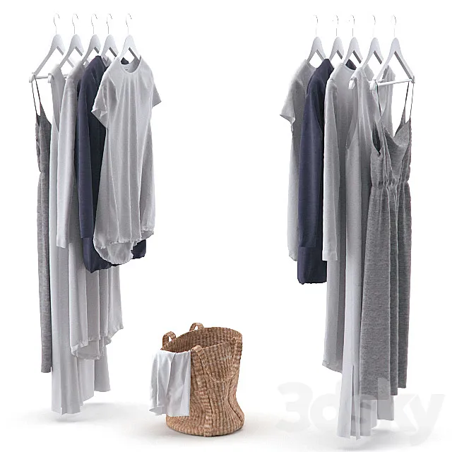 Clothes on hangers and linen basket 3DModel