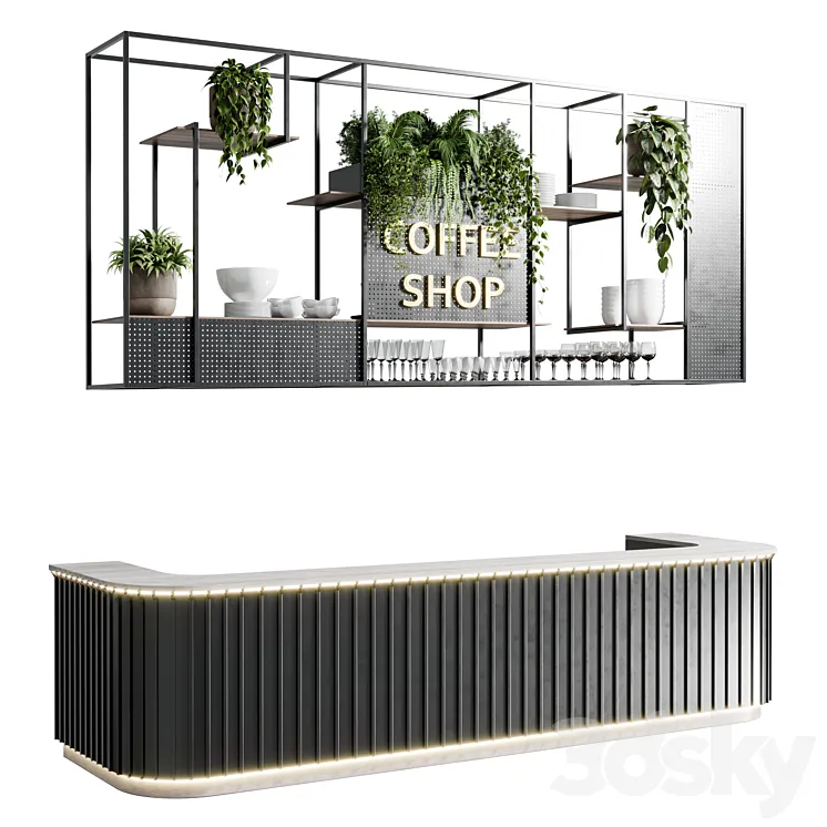 Coffee shop reception Restaurant counter by hanging plant – 02 3D Model Free Download