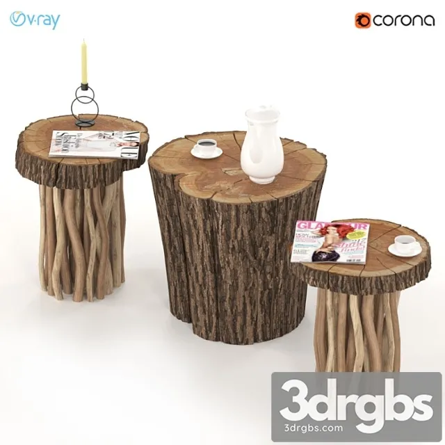 Coffee tables made of stump and slab on wooden legs. 2 3D Model Download Coffee tables made of stump and slab on wooden legs. 2 3D Model Download