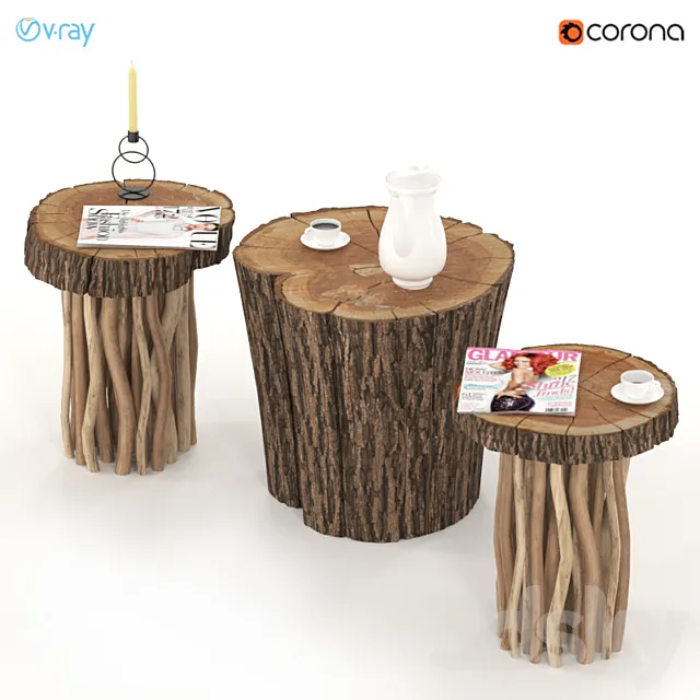 Coffee tables made of stump and slab on wooden legs. 3D Model Coffee tables made of stump and slab on wooden legs. 3D Model
