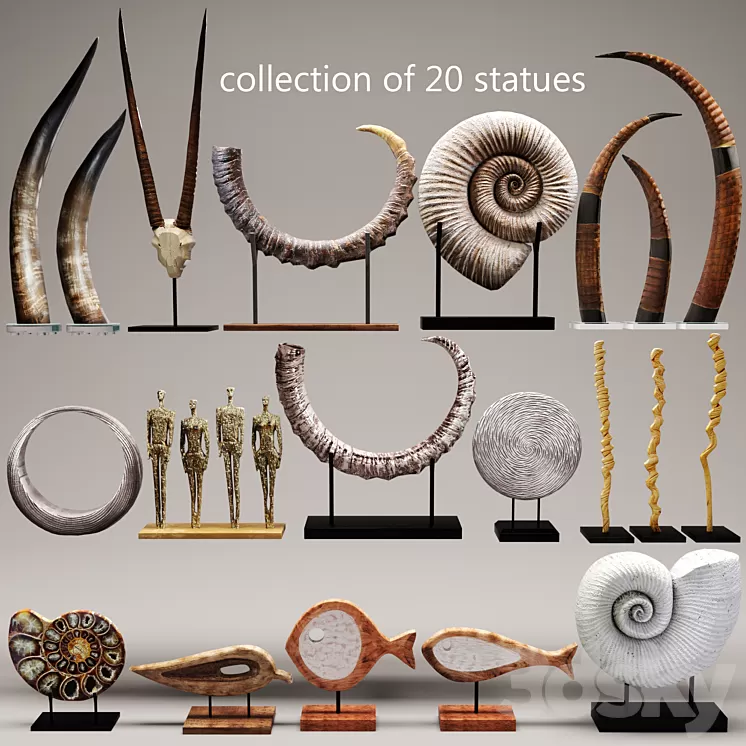 collection of 20 statues figurine wooden eco design set collection decor mega set ammonite shell fossil figurine decor tusk horn 3D Model