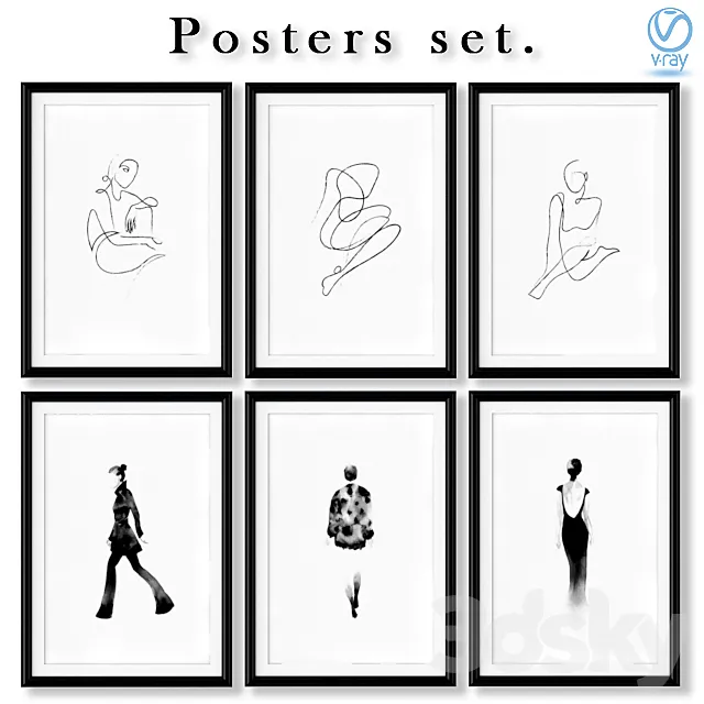 Collection of black and white abstract posters about fashion. 3D Model Collection of black and white abstract posters about fashion. 3D Model