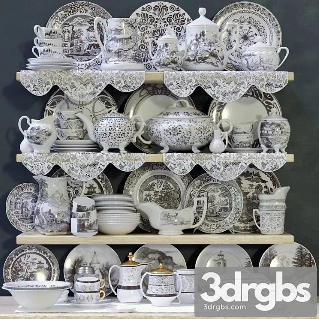 Collection of classic patterned porcelain tableware 3D Model Download