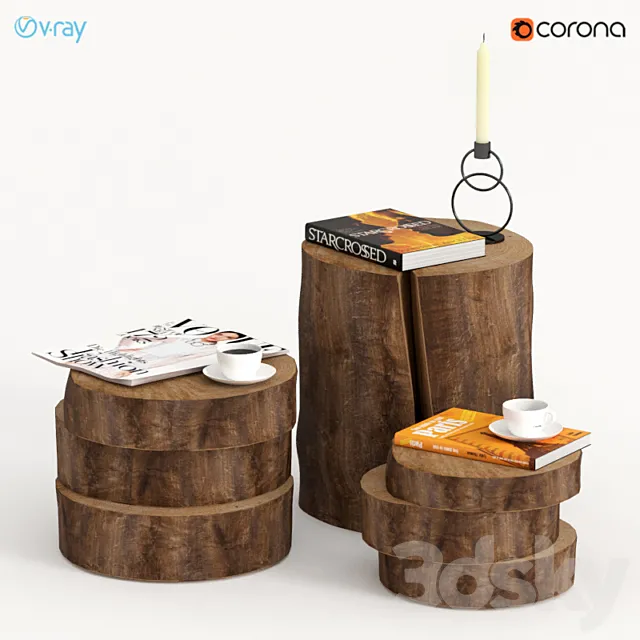 Collection of dark tables of stumps and slabs. 3D Model Collection of dark tables of stumps and slabs. 3D Model