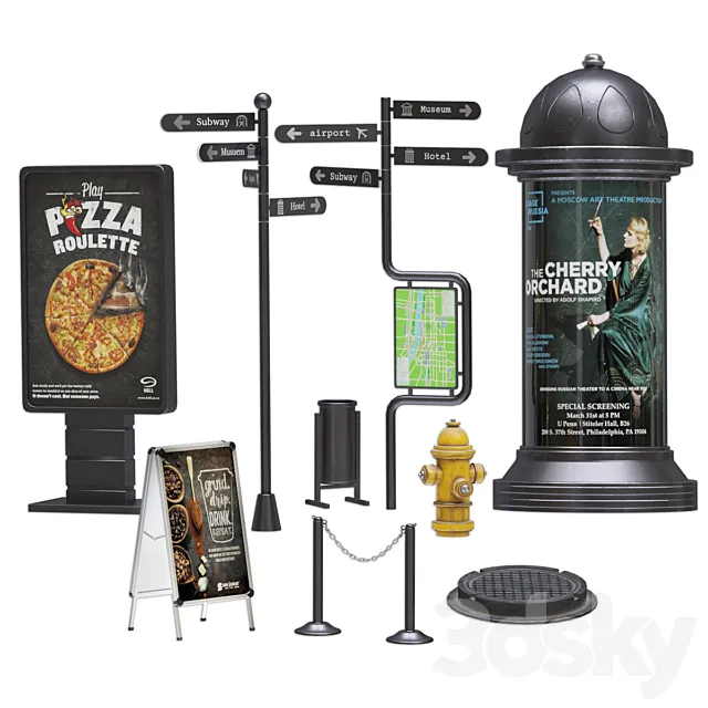 Collection of elements for filling the street low poly PBR 3D Model Collection of elements for filling the street low poly PBR 3D Model