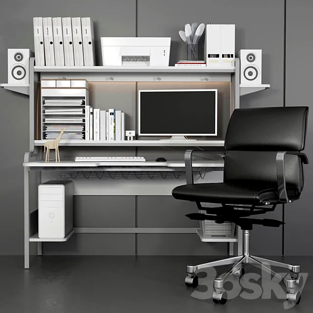 Collection of office furniture for home and stationery. Computer table and chair 3D Model