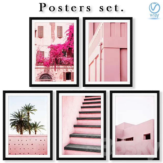 Collection of posters with pink architecture. 3DModel Collection of posters with pink architecture. 3DModel