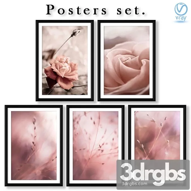 Collection of posters with pink roses and grass. 3D Model Download Collection of posters with pink roses and grass. 3D Model Download