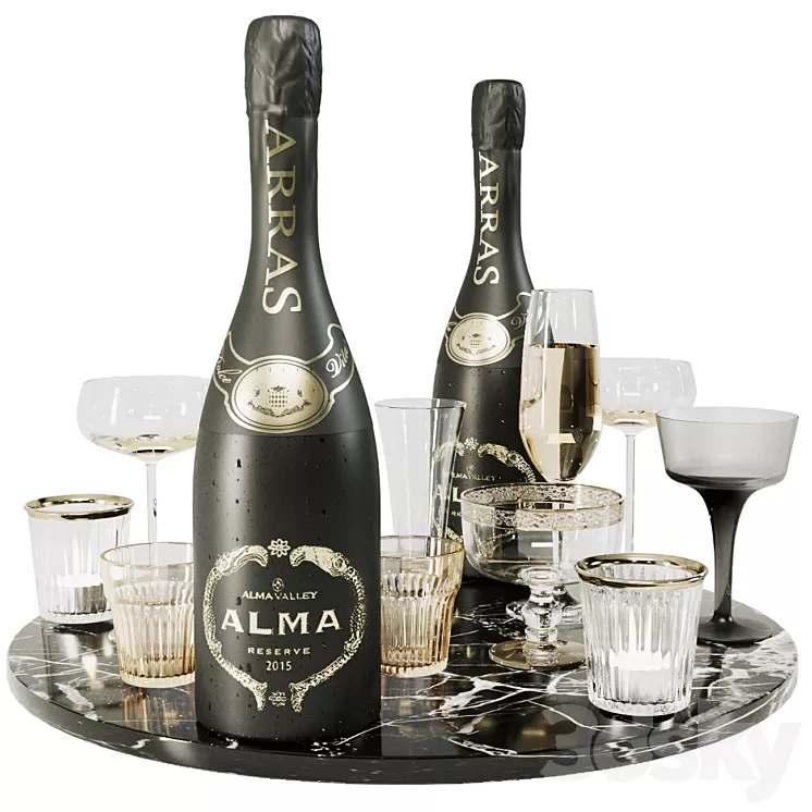 Collection of sparkling wine with crystal glasses and marble tray 3D Model
