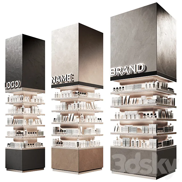 Columns of racks with trade products. Square showcase with cosmetics. Island of Pharmaceutical Products. 3D Model