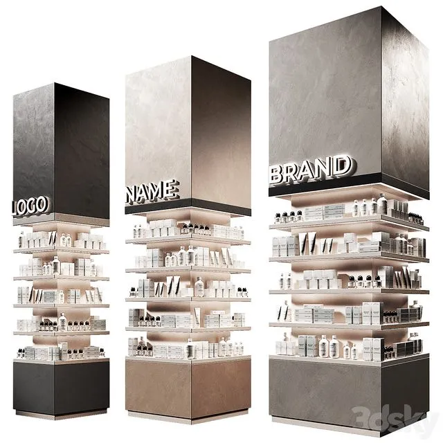 Columns of racks with trade products. Square showcase with cosmetics. Island of Pharmaceutical Products 3D Model