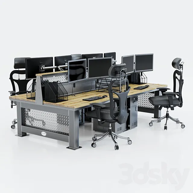 Computer desk for 4 workplaces 3D Model