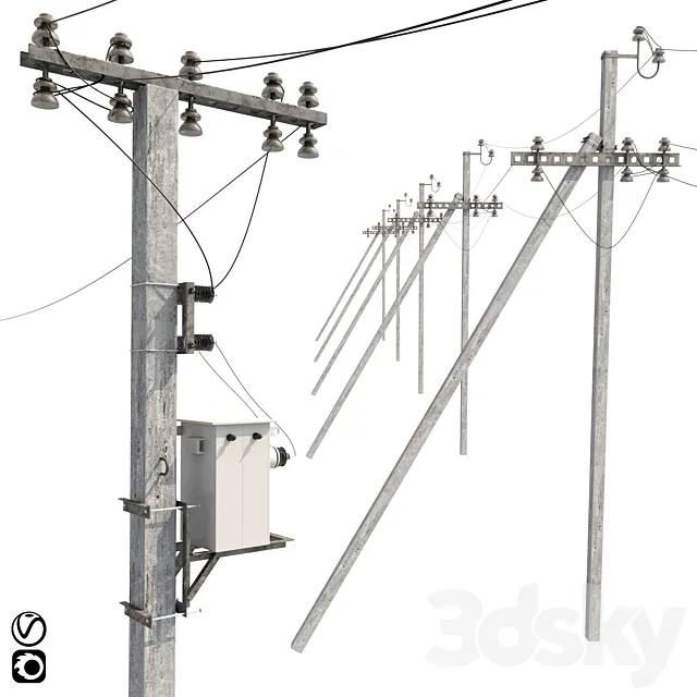 Concrete electricity transmission poles with wires 3D Model Concrete electricity transmission poles with wires 3D Model
