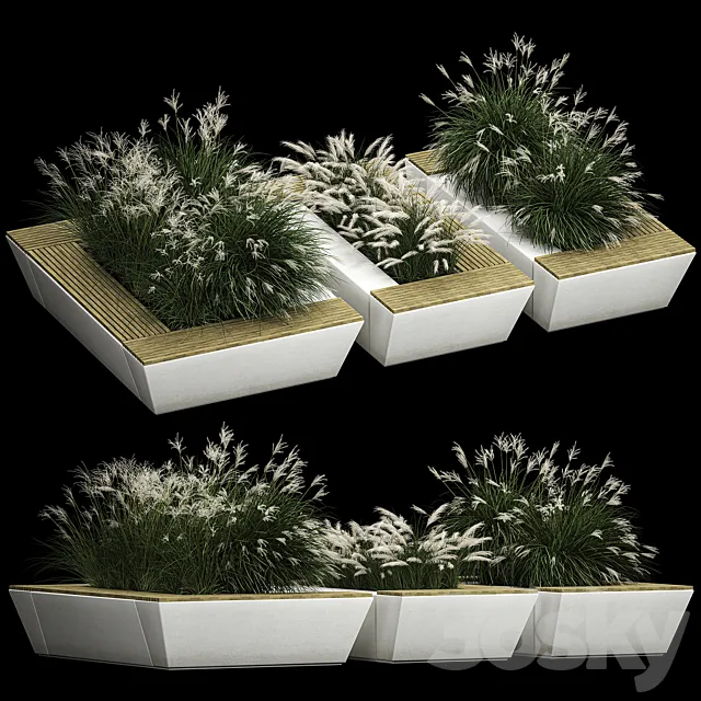 Concrete flower bed bench with bushes from Miscanthus and feather grass grass for the urban environment bench. 1133. 3D Model