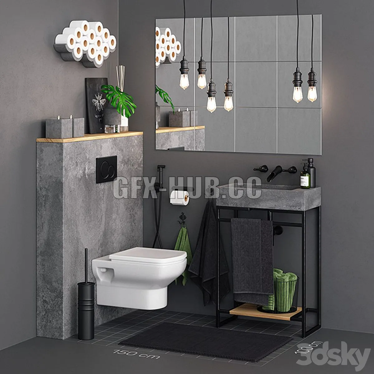Concrete Toilet Set 3D Model