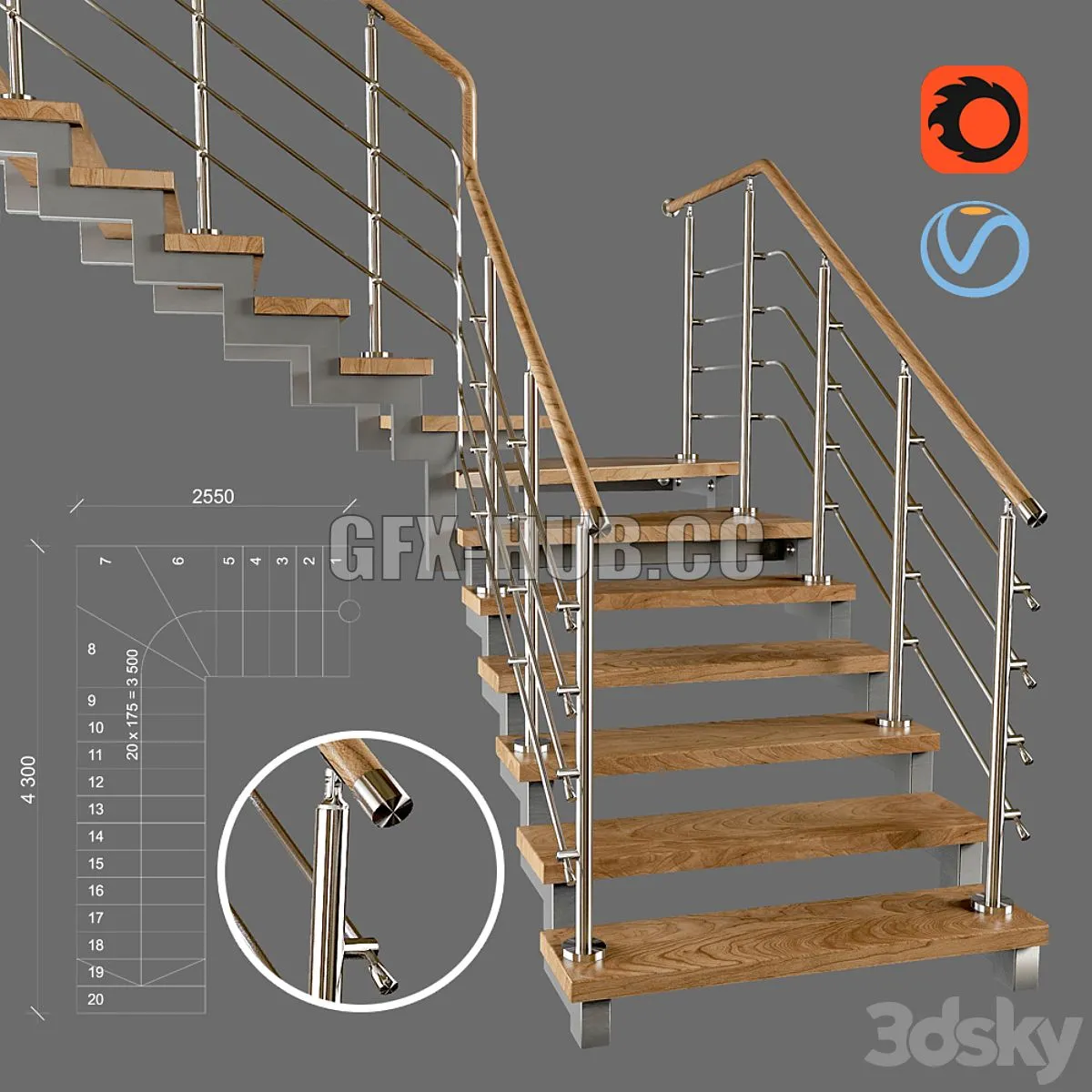 Contemporary corner staircase with staggered steps 3D Model