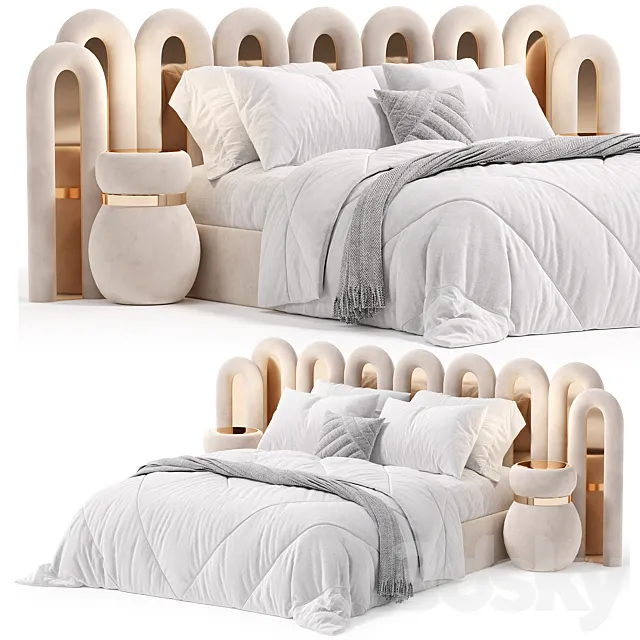 Contemporary Upholstered Headboard Bed Pink Velvet & Gold Polished Details 3D Model Contemporary Upholstered Headboard Bed Pink Velvet & Gold Polished Details 3D Model