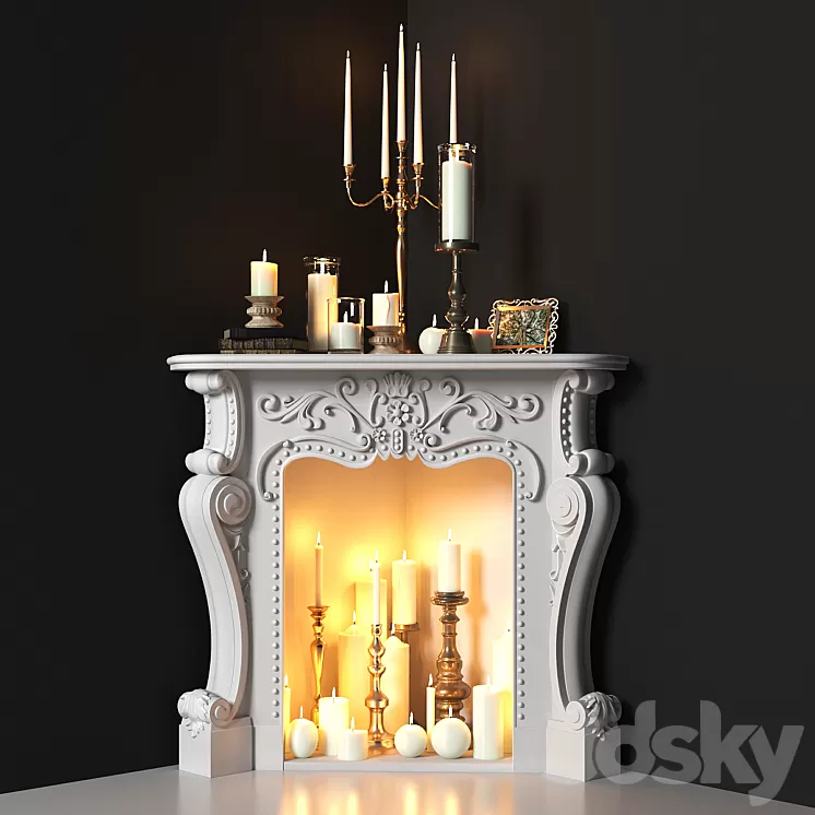 Corner fireplace with candles. Decorative set 3D Model Corner fireplace with candles. Decorative set 3D Model