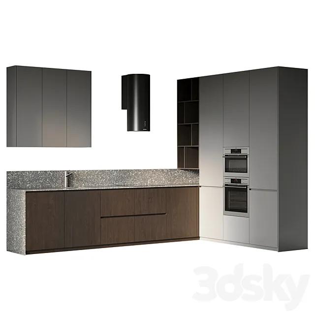 Corner kitchen in dark colors 3D Model