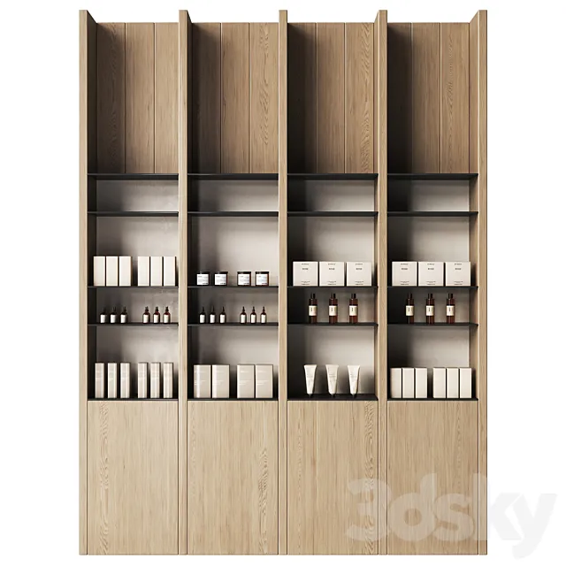 Cosmetics store with wooden eco shelves 3D Model