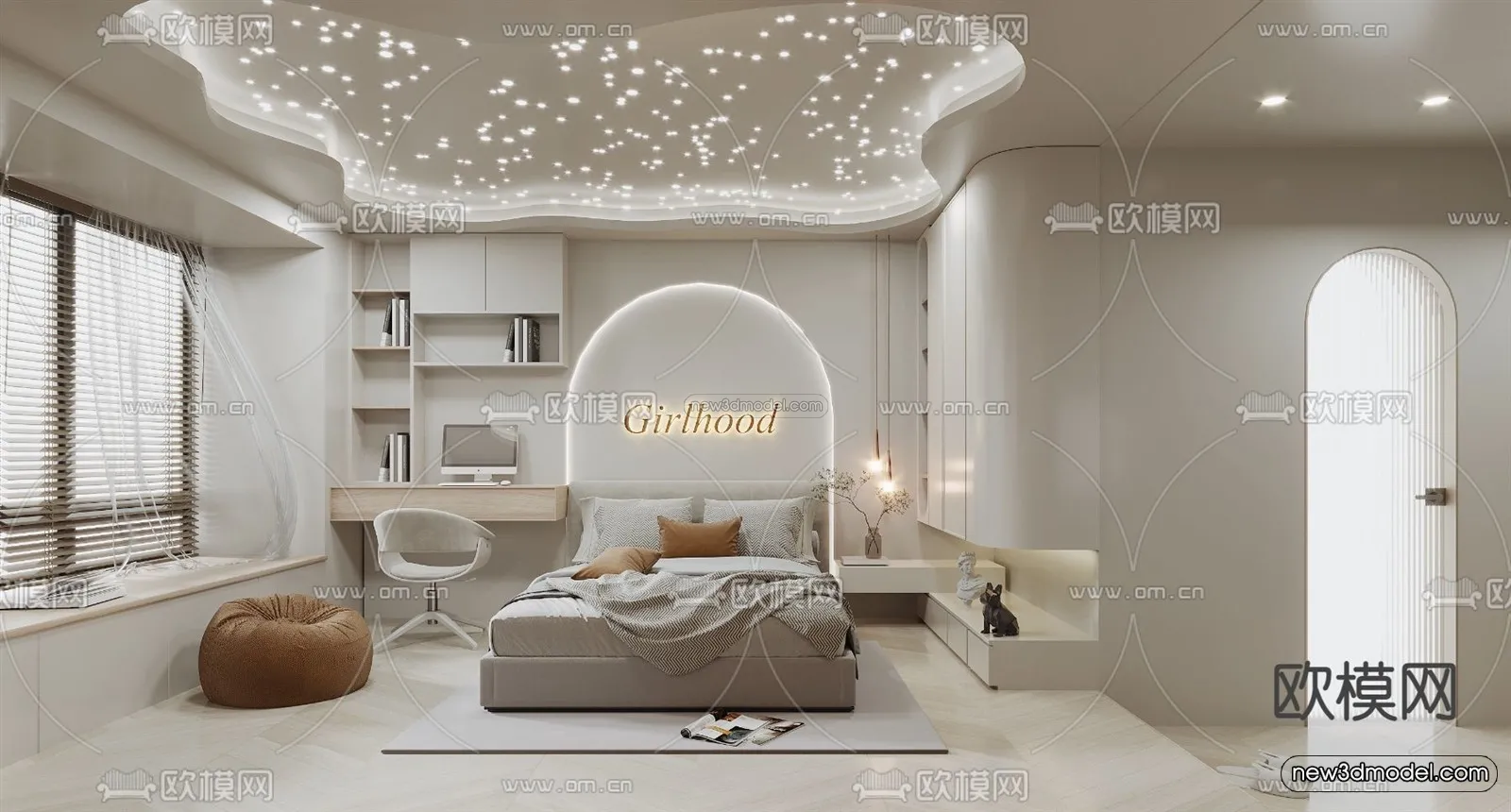 Cream Style Interior 3D Blocks – Bedroom 3D Model – 186 – VRAY