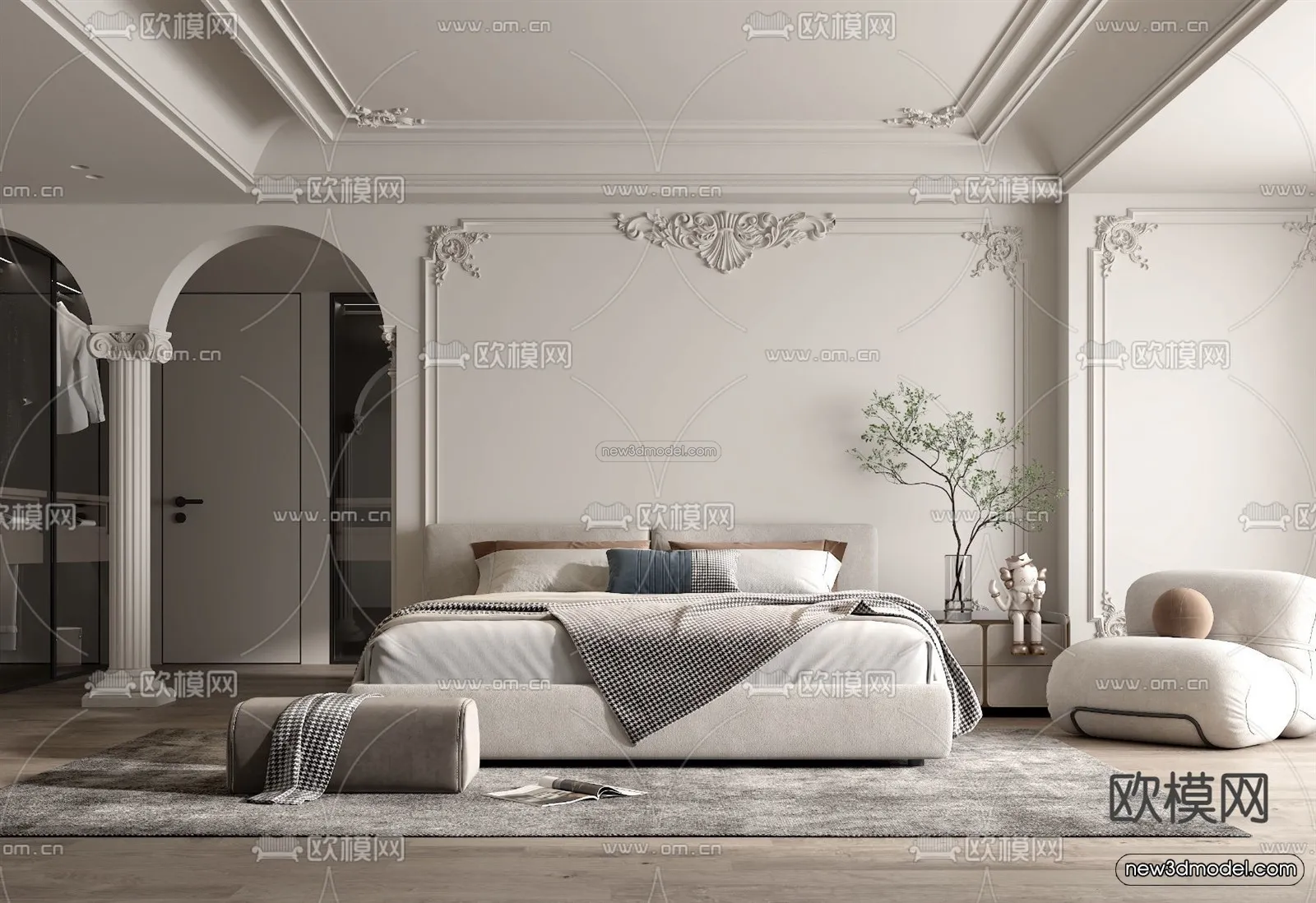 Cream Style Interior 3D Blocks – Bedroom 3D Model – 195 – VRAY