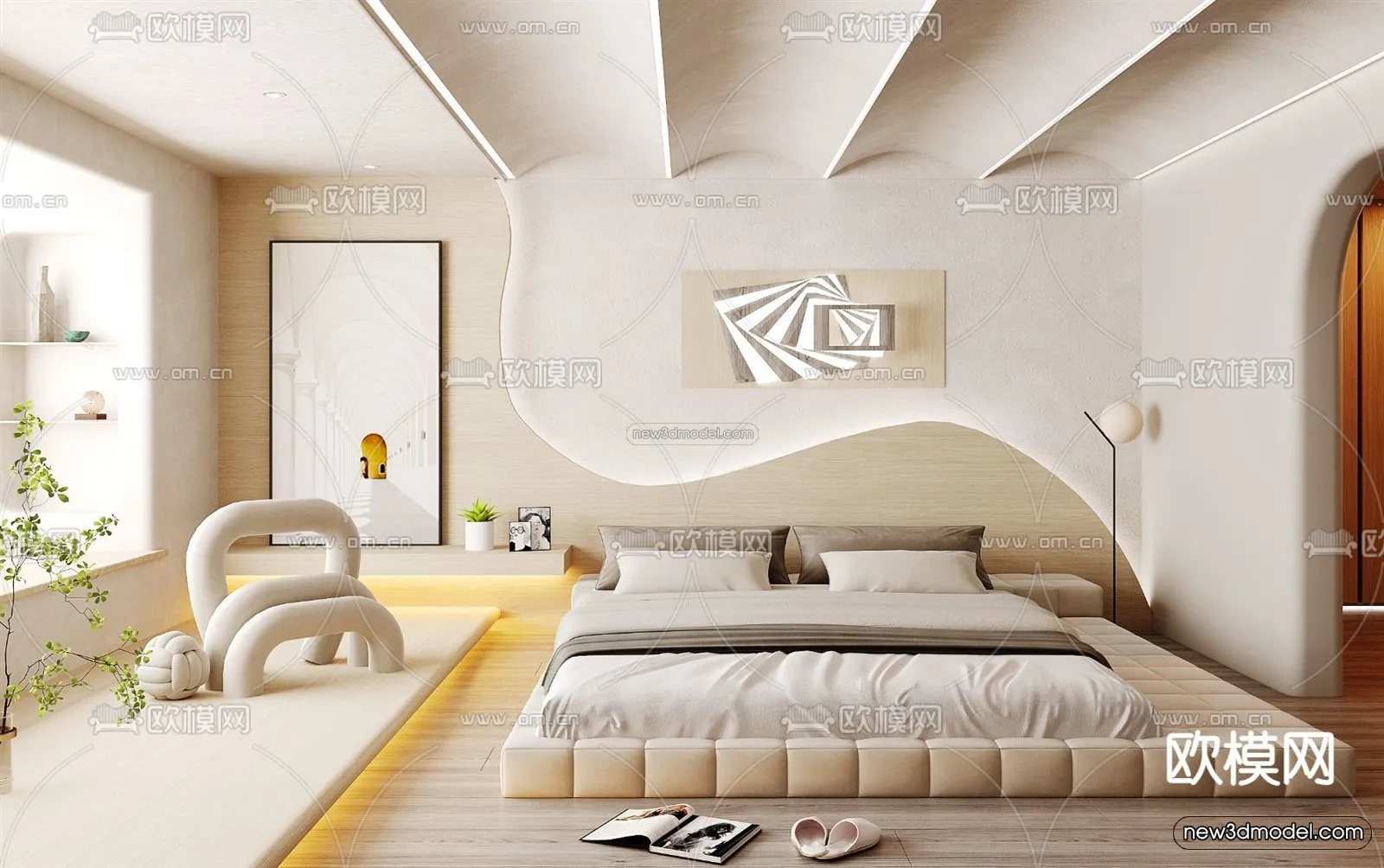 Cream Style Interior 3D Blocks – Bedroom 3D Model – 202 – VRAY