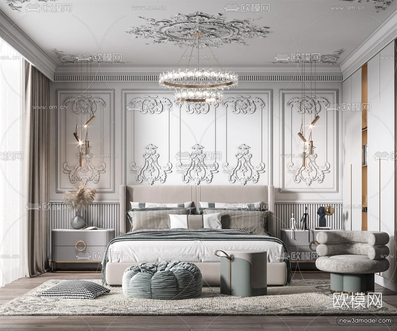 Cream Style Interior 3D Blocks – Bedroom 3D Model – 223 – VRAY