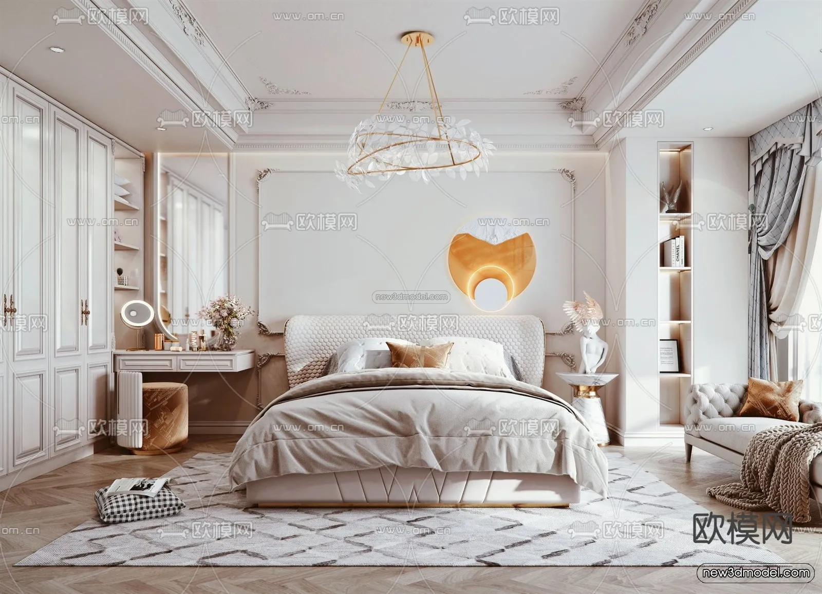 Cream Style Interior 3D Blocks – Bedroom 3D Model – 225 – VRAY