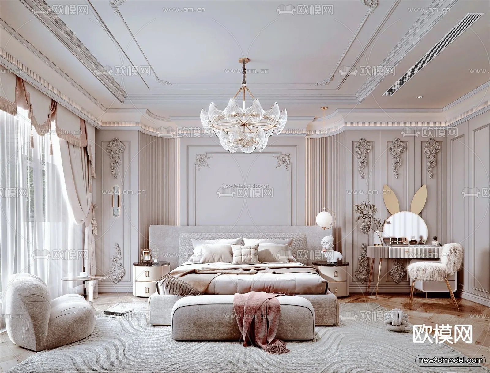 Cream Style Interior 3D Blocks – Bedroom 3D Model – 226 – VRAY