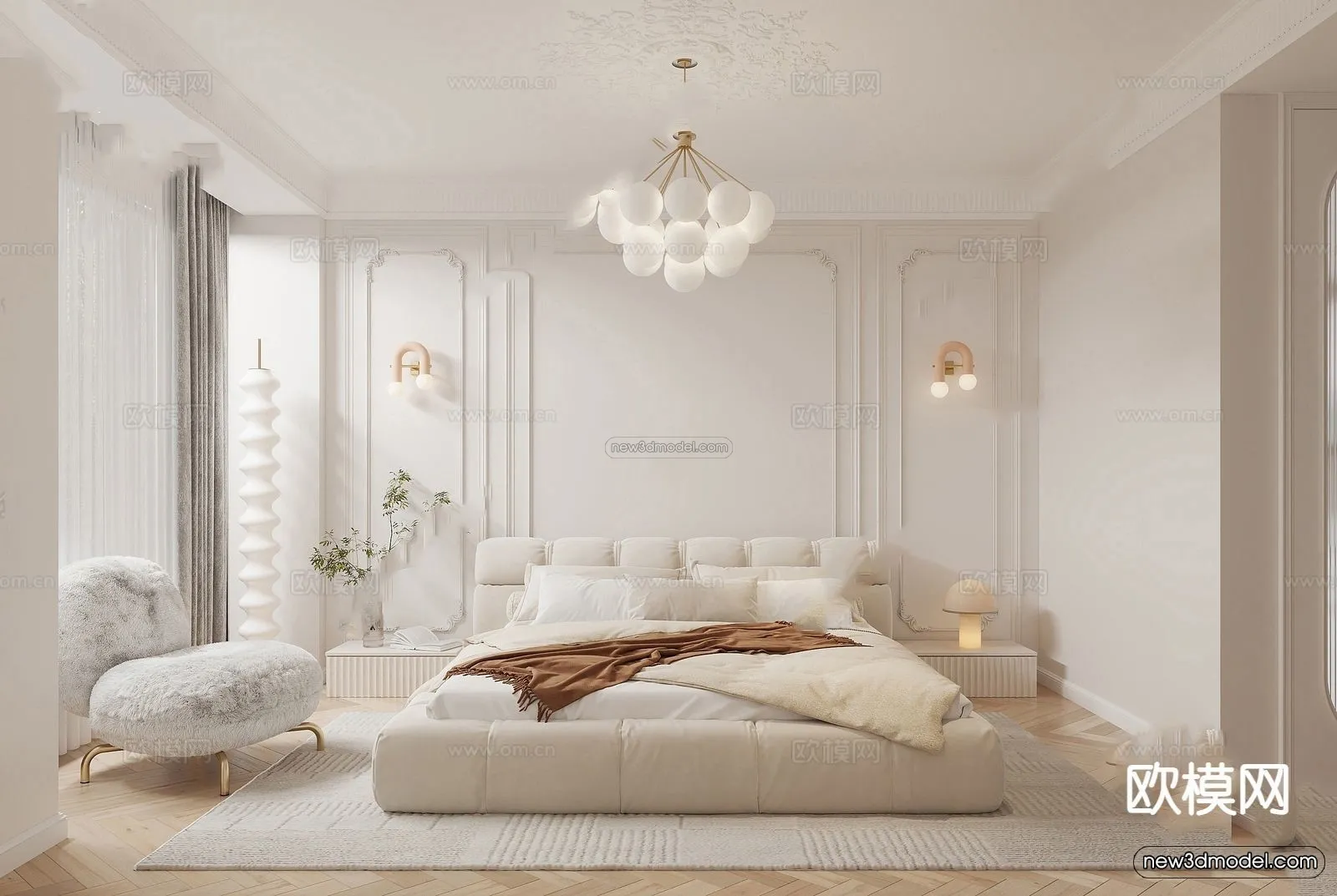 Cream Style Interior 3D Blocks – Bedroom 3D Model – 236 – VRAY