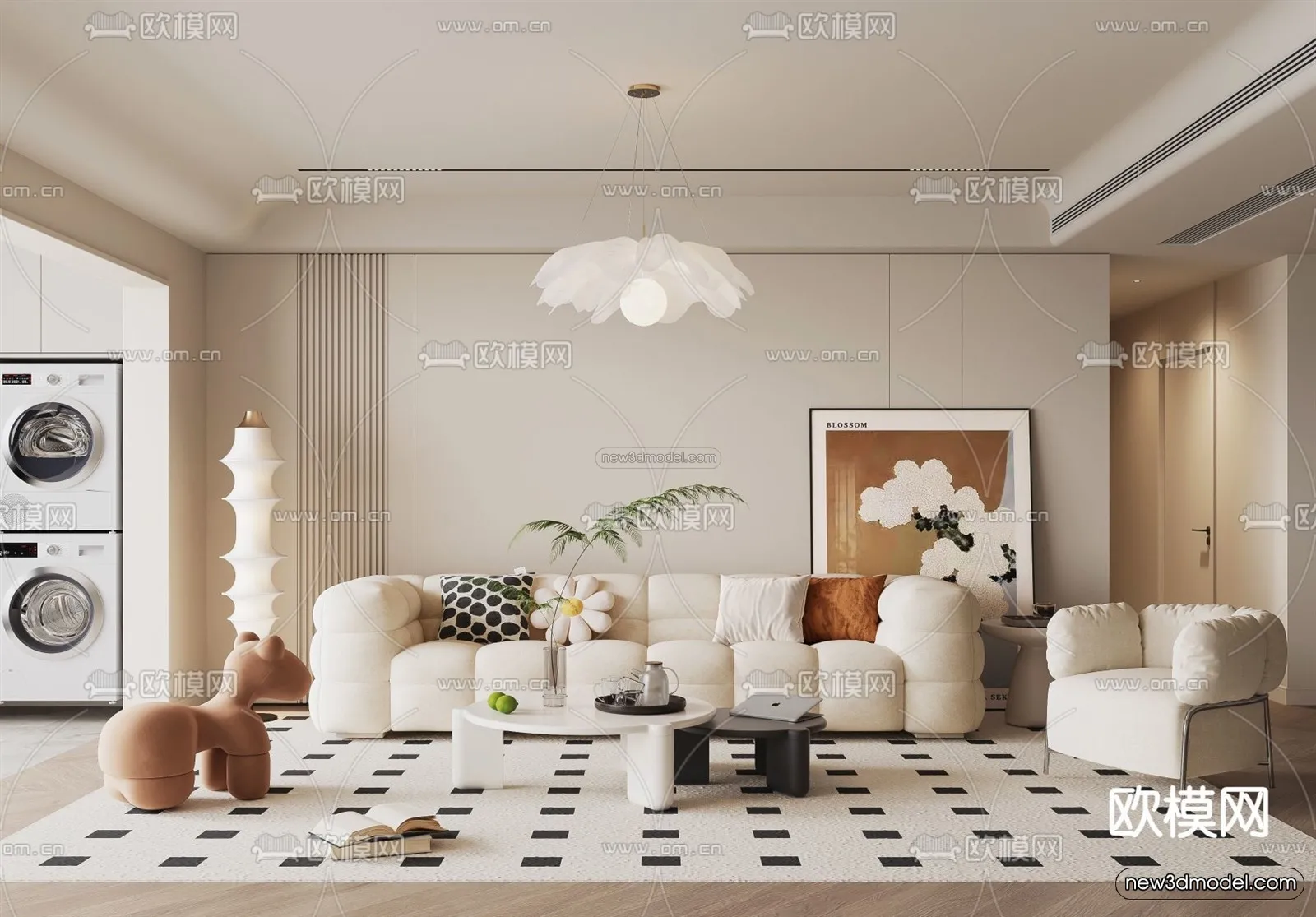 Cream Style Interior 3D Blocks – Living Room 3D Model – 001 – VRAY