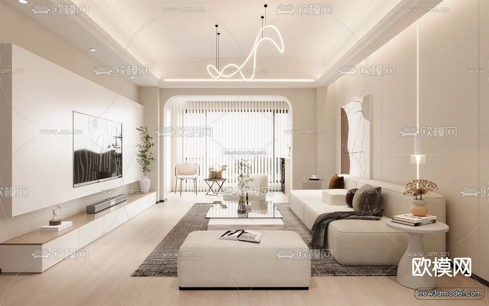 Cream Style Interior 3D Blocks – Living Room 3D Model – 006 – VRAY