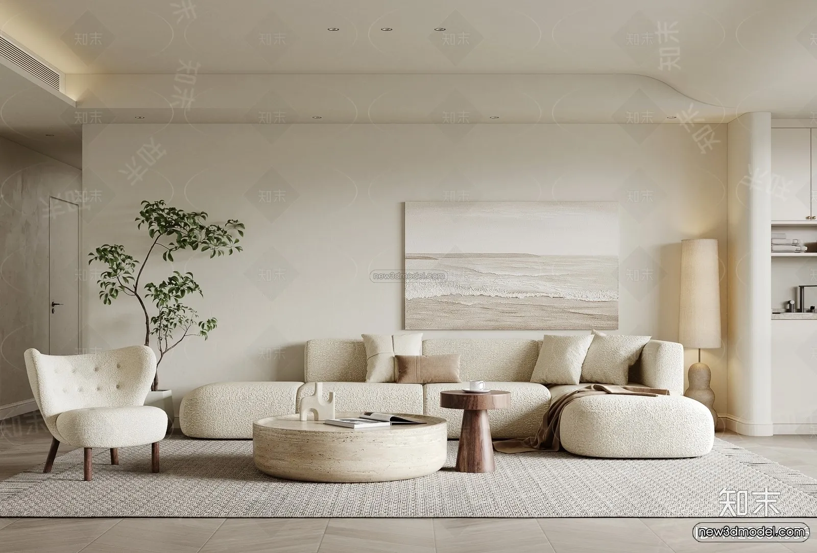 Cream Style Interior 3D Blocks – Living Room 3D Model – 007 – VRAY