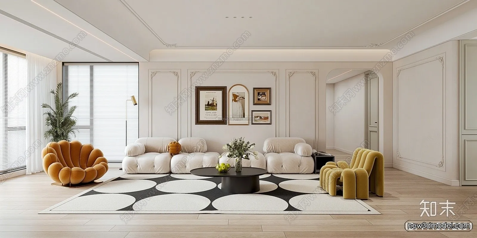 Cream Style Interior 3D Blocks – Living Room 3D Model – 009 – VRAY