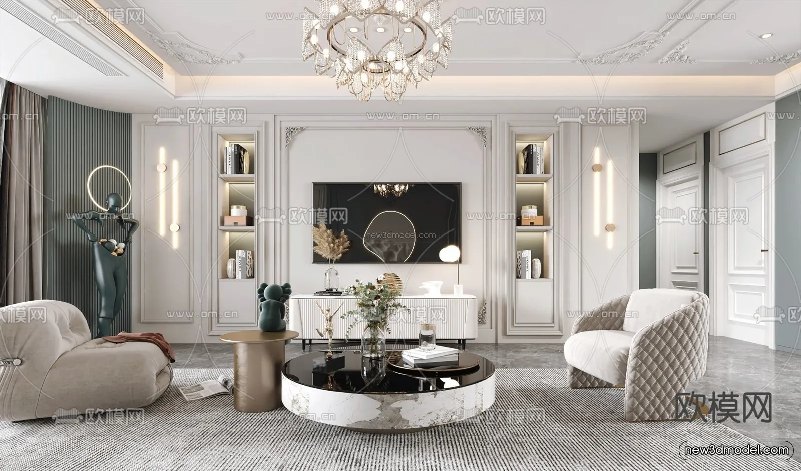 Cream Style Interior 3D Blocks – Living Room 3D Model – 011 – VRAY