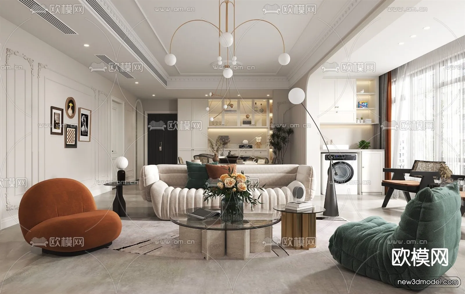 Cream Style Interior 3D Blocks – Living Room 3D Model – 014 – VRAY