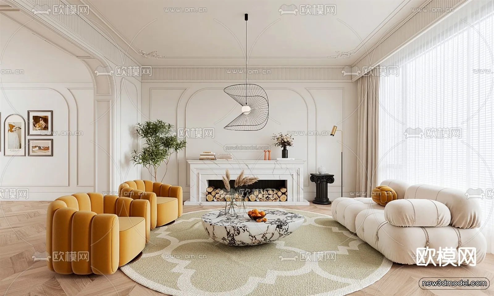 Cream Style Interior 3D Blocks – Living Room 3D Model – 017 – VRAY