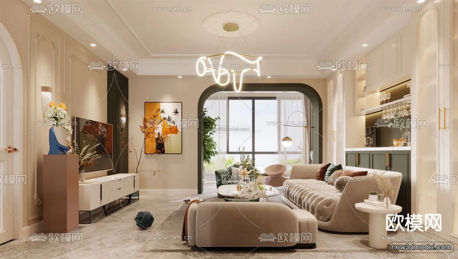 Cream Style Interior 3D Blocks – Living Room 3D Model – 021 – VRAY