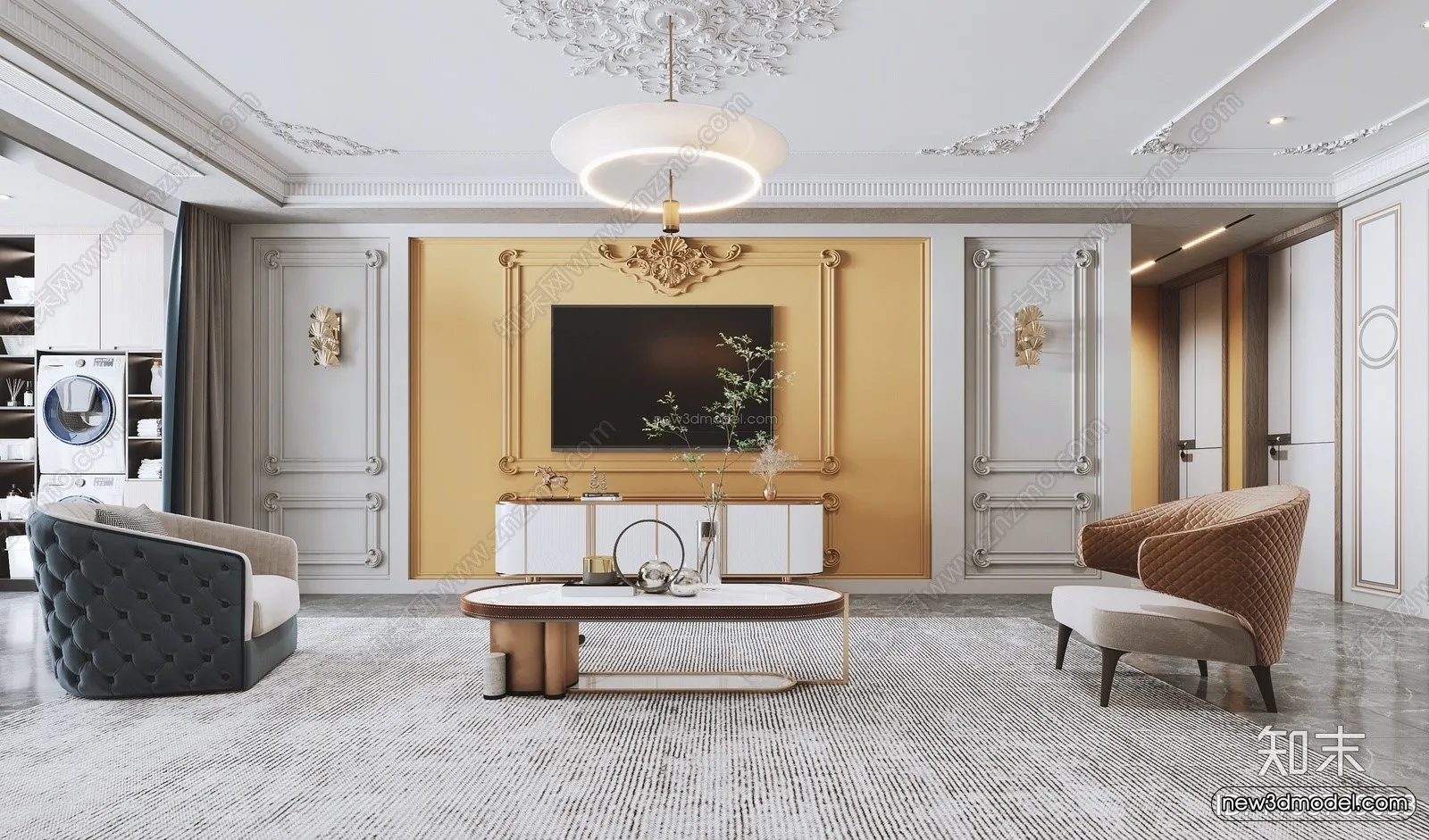 Cream Style Interior 3D Blocks – Living Room 3D Model – 023 – VRAY