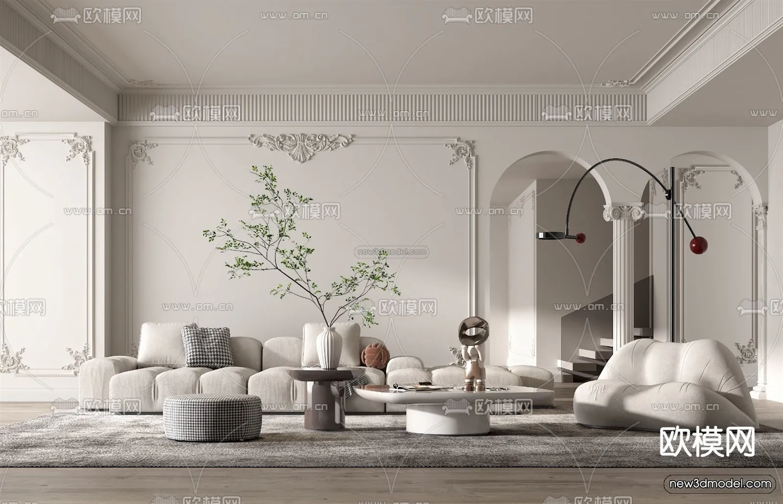 Cream Style Interior 3D Blocks – Living Room 3D Model – 027 – VRAY