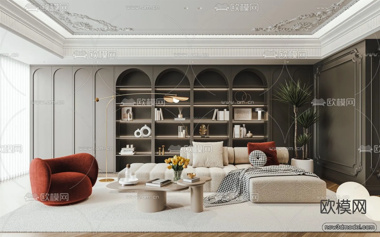 Cream Style Interior 3D Blocks – Living Room 3D Model – 029 – VRAY