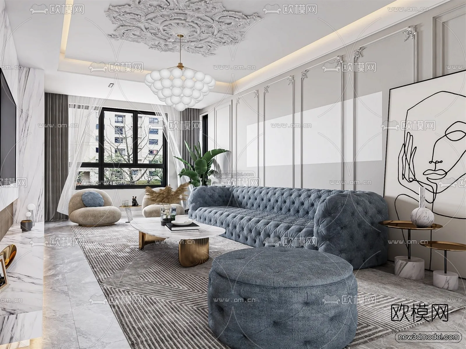 Cream Style Interior 3D Blocks – Living Room 3D Model – 035 – VRAY