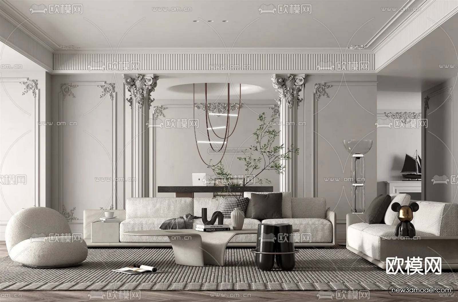 Cream Style Interior 3D Blocks – Living Room 3D Model – 036 – VRAY