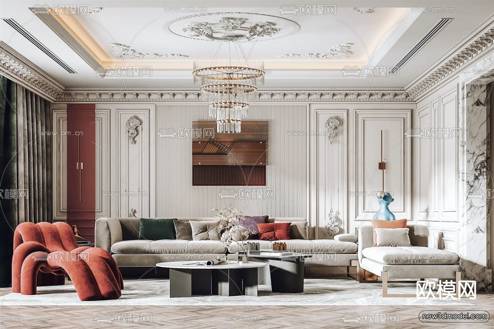 Cream Style Interior 3D Blocks – Living Room 3D Model – 047 – VRAY