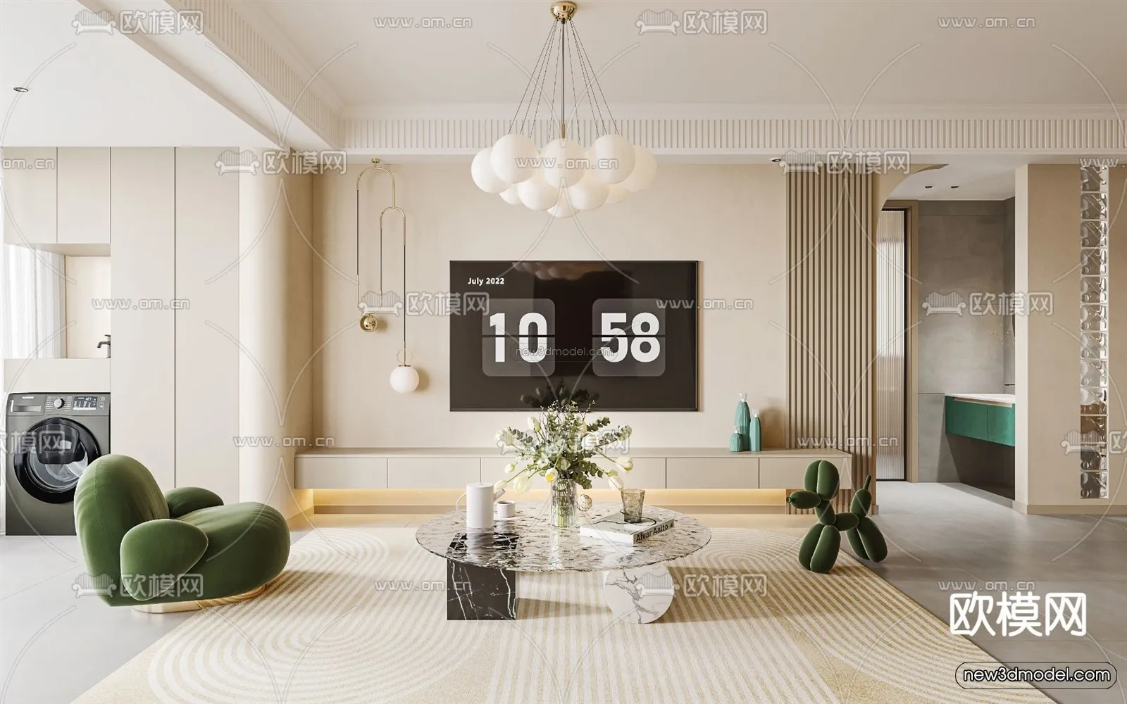 Cream Style Interior 3D Blocks – Living Room 3D Model – 051 – VRAY