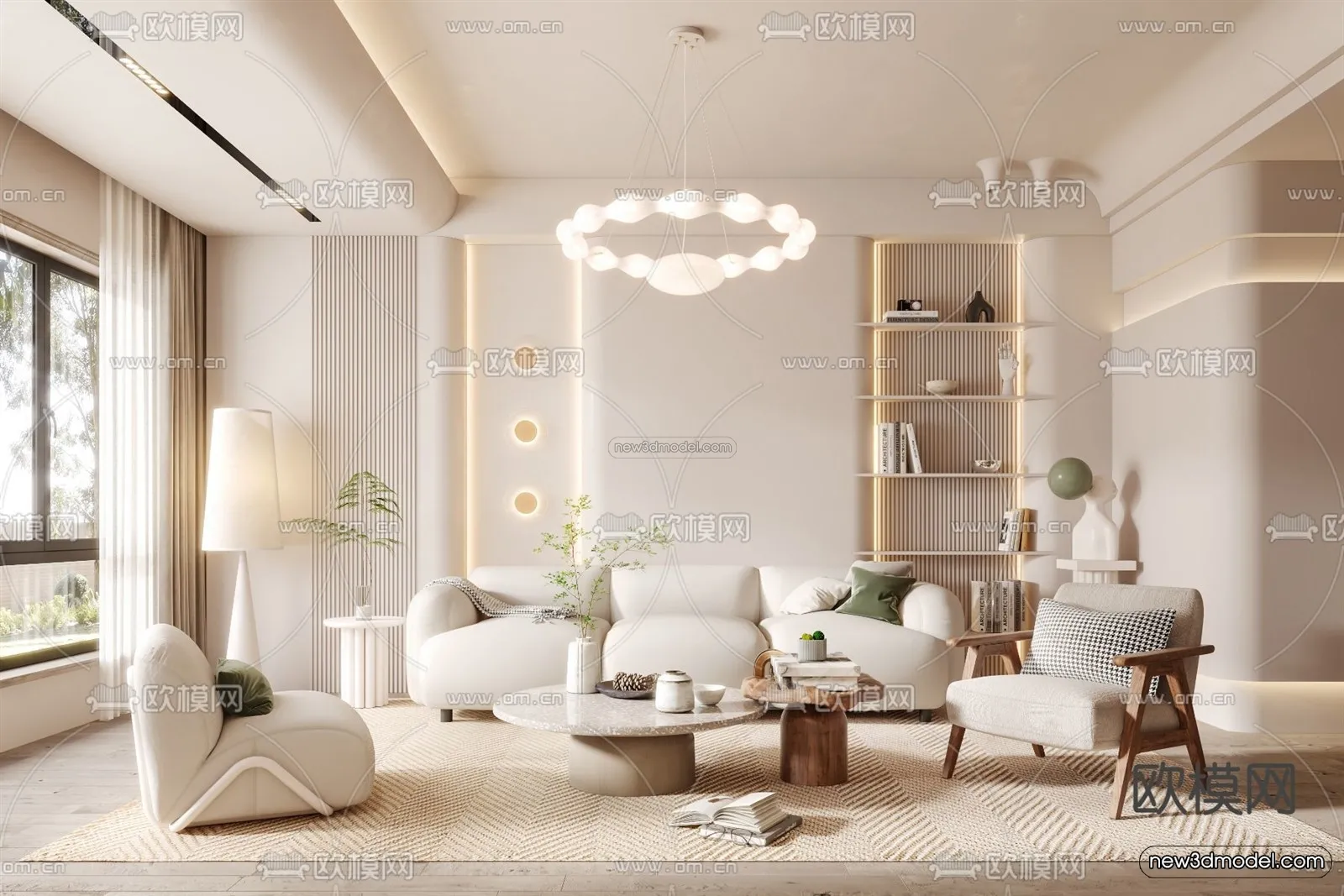 Cream Style Interior 3D Blocks – Living Room 3D Model – 054 – VRAY