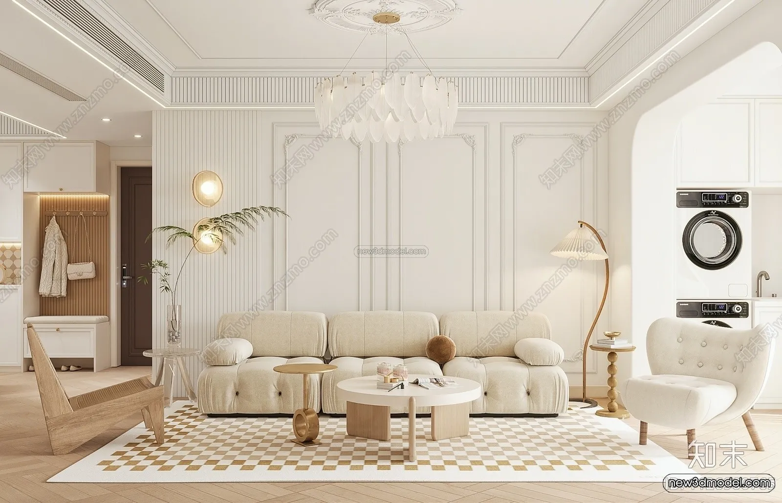 Cream Style Interior 3D Blocks – Living Room 3D Model – 062 – VRAY