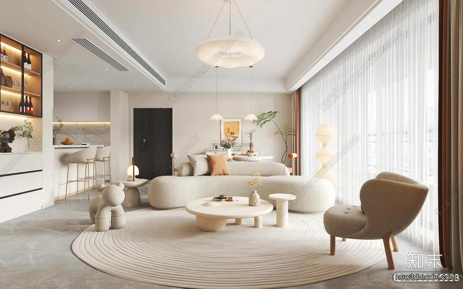 Cream Style Interior 3D Blocks – Living Room 3D Model – 065 – VRAY